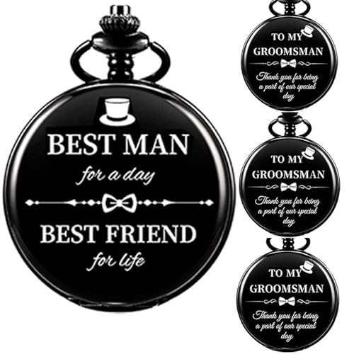 Afcrho Groomsmen Gifts Set of 4 Wedding Engraved Pocket Watch 1pcs Best Man 3Pcs Groomsmen for Wedding Engraved Quartz Pocket Watch with Chain