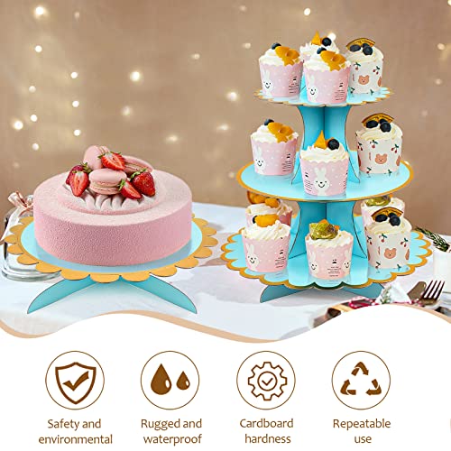3 Pcs Cardboard Cupcake Stand 2 Set Of 3 Tier Cupcake Stand For 24 Cupcakes And 1 Large Cake Display Serving Tray Cupcake Tower Set For Wedding Baby Shower Birthday Party Decor, Blue #TOP4