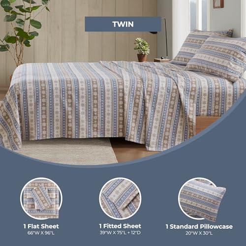 Image of Woolrich Cotton Sheet Set Cottage Charms Print, 100% Cotton Flannel Sheets Warm & Fuzzy Bedding Set Twin Size Sheets, Fitted Pocket Fits Up to 12 inch Mattress, Twin Blue Snowflake 3 Piece