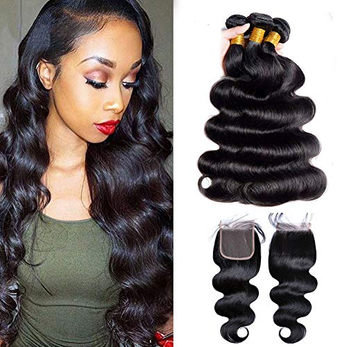 Brazilian Body Wave Hair Bundles with Closure 8A Brazilian Virgin Human Hair 3 Bundles with Closure Free Part 100% Unprocessed Virgin Remy Hair Bundles Natural Color (14/16/18+14)