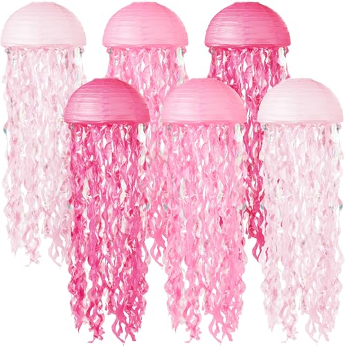 Image of Jellyfish Paper Lanterns 6 Pacs Under The Sea Party Decorations Mermaid Party Baby Shower Decorations Blue Hanging Jelly Fish for Ocean Spongebob Birthday Party Decorations (Pink)