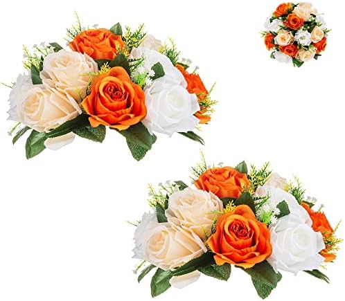 Flower Ball Centerpieces for Table: Blosmon 2 Pcs Fake Rose Flowers Orange Artificial Silk Floral Arrangement Center Piece Kissing Bouquet for Wedding Party Valentines Day Home Decor