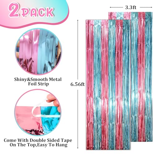 Image of Voircoloria 2 Pack Blue and Pink Foil Fringe Backdrop Curtains, Tinsel Streamers Mermaid Party Decorations, Fringe Backdrop for Mermaid Birthday, Baby Shower, Gender Reveal, Disco, Graduation Party