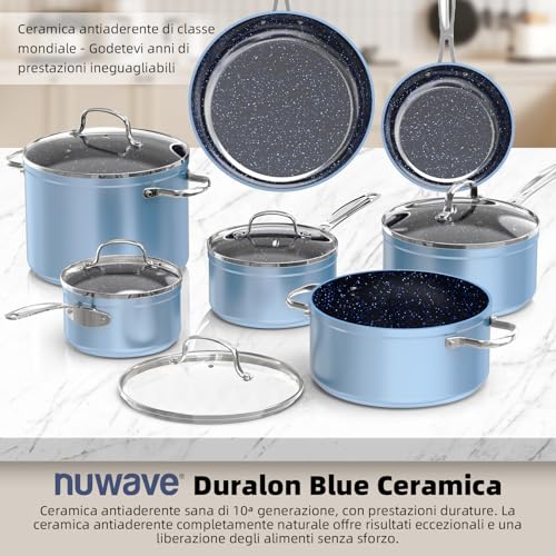 Nuwave Healthy Duralon Blue Ceramic Non-Stick Cookware, PFAS Free, Dishwasher and Oven Safe, Induction Safe, Scratch-Resistant Surface, Glass Lids and Heat Resistant Handles (Pack of 12)