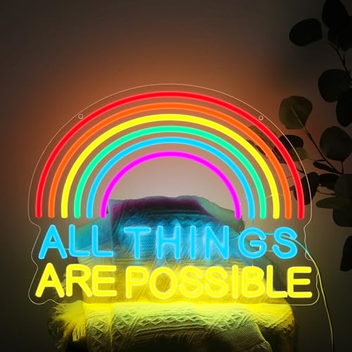 Image of ALL THINGS ARE POSSIBLE Neon Lights, LED Neon Signs for Wall Decor, Rainbow Neon Light Sign Neon Room Decor,USB Night Lights for Bedrooms,Bookshops,Libraries, Classrooms,Florists, Parties, Holiday Gifts(16.5*12.6in)