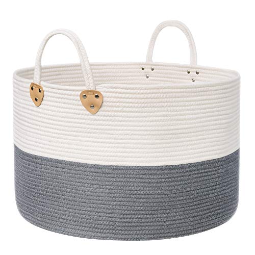 SONGMICS Baumwollseilkorb, Griffen, Wäschekorb aus Baumwolle, 100 L, für Spielzeug, Kleidung, Decken, Grau-Beige, 55 x 55 x 35 cm, LCB401G01