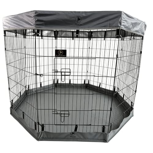 Image of PJYuCien Puppy Playpen with Top Cover & Bottom Pad, 8 Panels 42 inch H, Gray | 24 inchW, Large Pet Safe Sanctuary, Foldable Octagonal Pen, Versatile, Indoor & Outdoor, Backyard Pasture, Protects Floors