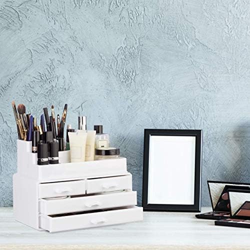 Relaxdays Organizer with 4 Drawers, Cosmetics Holder for Nail Polish and Lipstick, Acrylic Makeup Kit, White, 14 x 23.5 x 19 cm