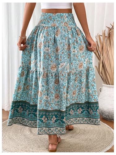Verdusa Women's Floral High Waisted Ruffle Long Skirt Boho Drawstring Tiered Flowy Maxi Skirts2