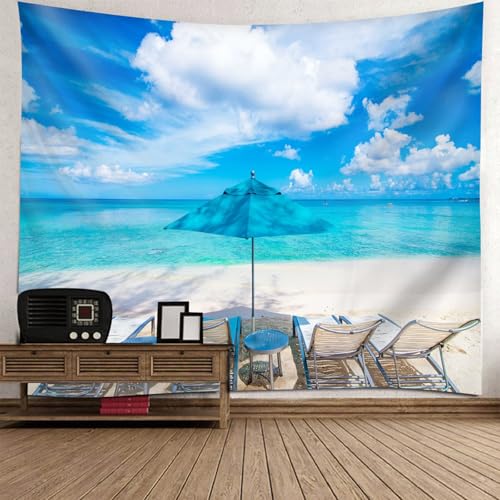 Tapisserie paysage 210x140cm ciel bleu et chaises de plage pour decoration murale salon moderne