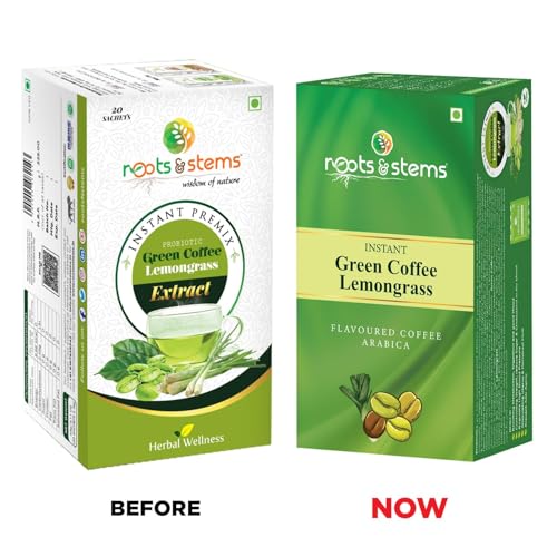 Image of roots & stems Green Coffee Lemongrass | Instant Premix Extract Powder with Probiotic | Arabica, Flavoured Coffee |100g (5gx20 Sachets) Pack of 4