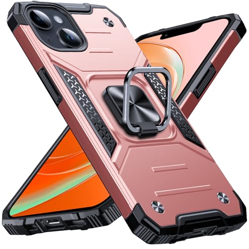 Image of Anqrp Heavy Duty Case for iPhone 13 /14 Case with Enhanced Ring Holder Grip Stand, Military Grade Shockproof Rugged Drop Protective Silicone Hard Slim iPhone 13 /14 Phone Case Cover,Pink Gold