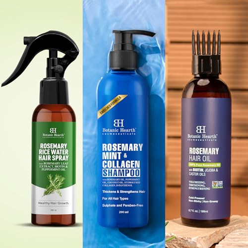 Image of Botanic Hearth Hair Care Trio |Rosemary oil for hair, Mint Shampoo & Rice Water hair Spray | Hair Growth, Hair Fall Control, Dandruff Care, Scalp Nourishment & Strengthening | Sulfate & Paraben-Free