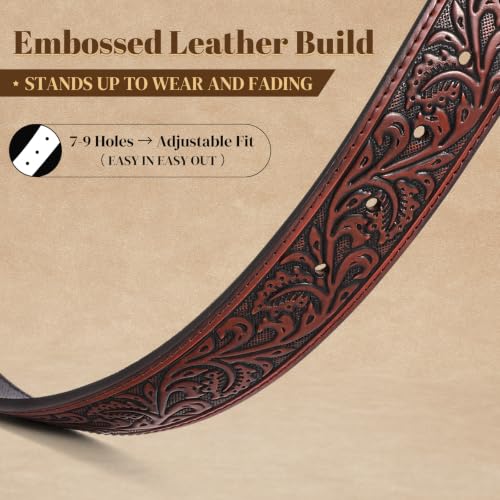 Image of Cowboy Cowgirl Belt Western Belts for Men Women Floral Engraved Longhorn Bull Buckle Belt for Jeans