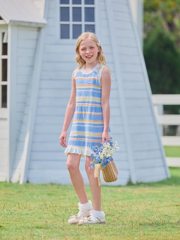 Girls Sleeveless Tank Dress, Blue Multicolor Striped Floral with Ruffle Hem Casual Summer Dress 6-16Y3