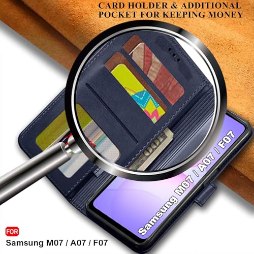 Image of TheGiftKart Flip Cover Back Case for Samsung Galaxy M07 / F07 | Genuine Leather Finish | Designer Button | Inbuilt Pockets & Stand | Wallet Style Flip Back Cover Case (Faux Leather, Blue)