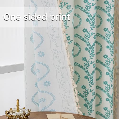 Image of Boho Curtains 45 Inch Long for Living Room, Bedroom,Sky Blue on White 2 Panels Floral Farmhouse Vintage Tassel Semi Sheer Light Filtering Privacy Window Curtain Drapes with Rod Pocket