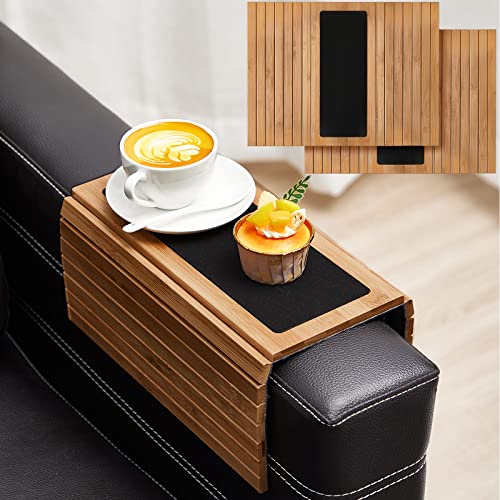 Maitys 2 Set Bamboo Wood Sofa Arm Tray TV Side Table for Couch Anti Slip Armrest Organizer Protector Drink Holder Drink Coaster Remote Caddy for Chair Birthday Housewarming Wedding Gifts