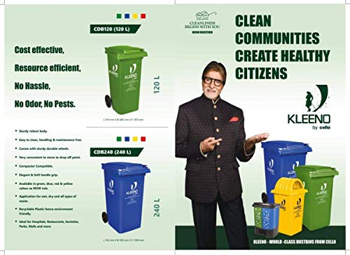 Image of Kleeno Cello Dome Lid Plastic Garbage Dustbin Bucket 110 LTR (Green /Blue)