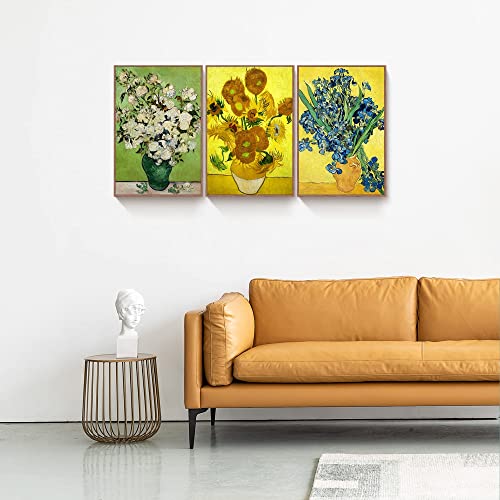 Full House Framed Canvas Wall Art Of Van Gogh Oil Paintings - Roses & Sunflowers & Irises - Impressionism Aesthetic Canvas Prints Wall Paintings For Living Room Bedroom Office Home, 3 Panels #TOP1