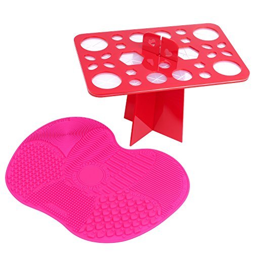 ESARORA Makeup Brush Cleaning Mat and 28 Holes Brush Drying Tower Set (Rosered)