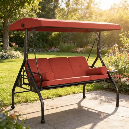 Image of SUNCROWN Outdoor 3 in 1 Porch Swing Chair, 3 Seat Patio Swing Glider with Adjustable Canopy, Heavy Duty Swings with Thickened Cushions, Pillows & Cup Holders for Backyard, Porch, Garden,Red