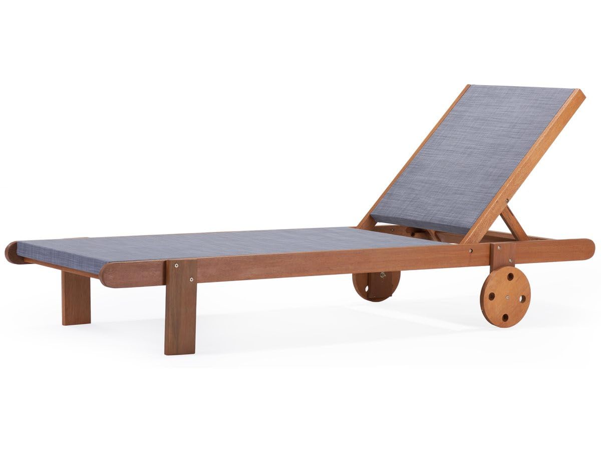 Habitat et Jardin - Bain de Soleil en Bois Exotique et Textilène Saïgon - Chaise de Jardin, Piscine et Balcon - Transat avec Dossier Inclinable + 2 Roues Arrières - Gris