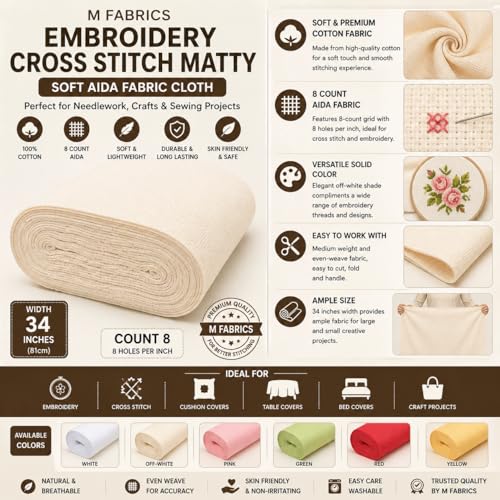 Image of M Fabrics 3 Meters Cream Aida Matty Fabric 8 Count 34 Inch Width | Cotton Cross Stitch Embroidery Cloth Soft Needlework Fabric for Cushion Covers Table Covers Craft Sewing - 3 Meters Cream