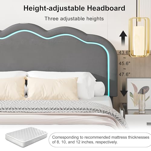 VECELO Upholstered Full Bed Frame with Headboard Adjustable, LED Lights, USB-A & Type-C, Velvet Platform Bed Noise Free, Mattress Foundation with Wooden Slats, No Box Spring Needed, Grey
