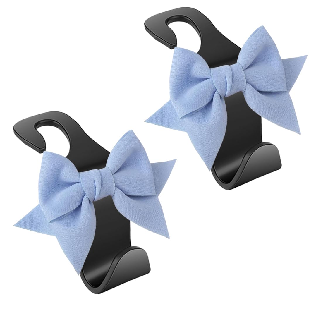 luchike 2 Pack Bow Car Purse Hook Car Bag Hooks Car Hooks for Purses and Bags Cute Car Seat Back Storage Hook for Headrest Blue Bow