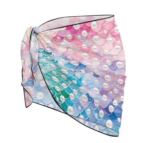 doginthehole Fish Scale Sarong Beach Wrap Swimsuit Cover Ups Colorful Swimwear Bikini Coverups Short Beach Tie Wrap Skirt Sheer Chiffon Scarf for Women Girls