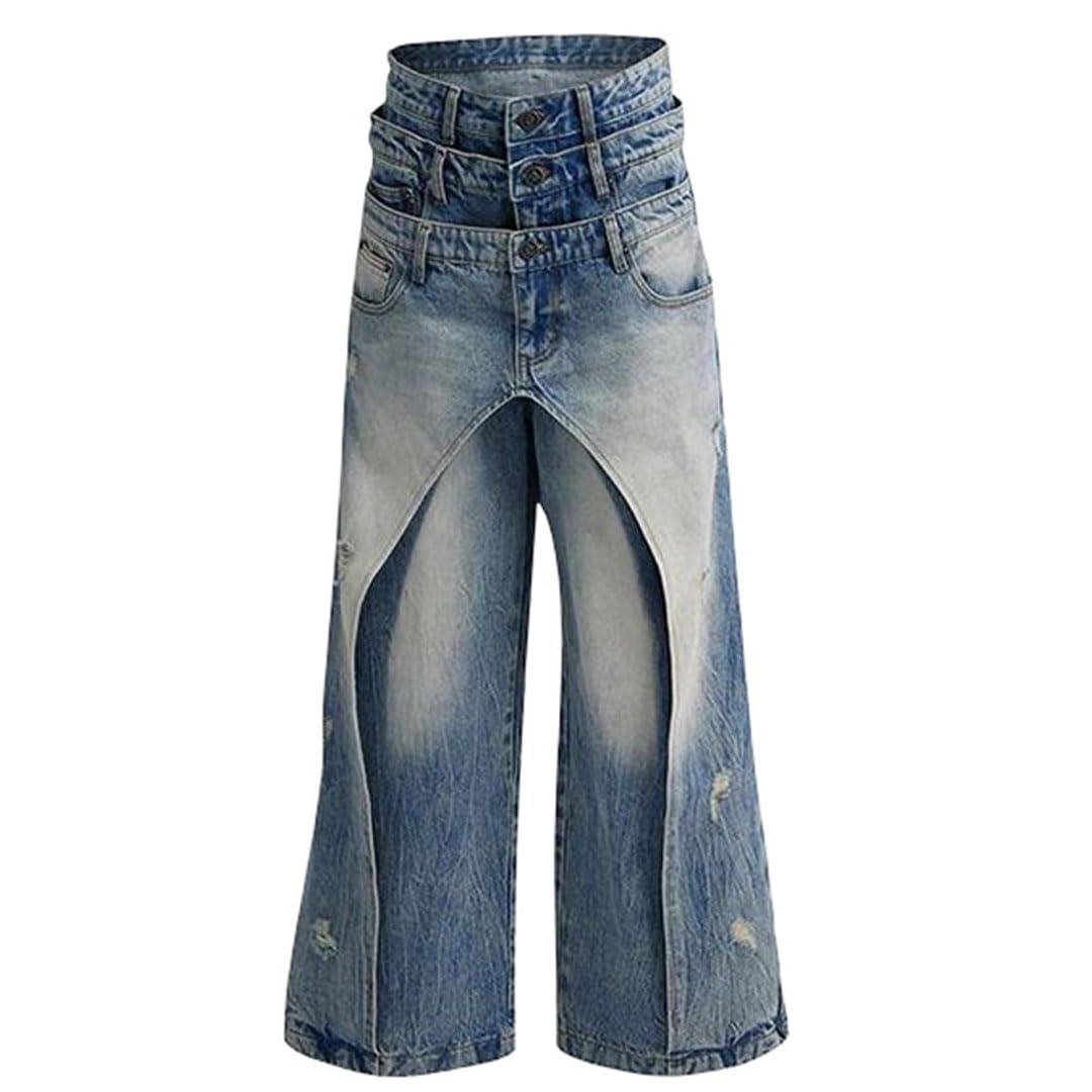 Mens Patch Leg Denim Jeans - Vintage Baggy Comfort Fit