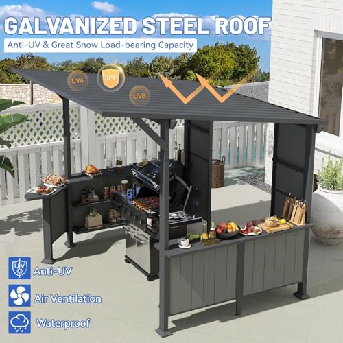 Image of 9x10FT Hardtop Grill Gazebo, Lean to Outdoor BBQ Shelter with Galvanized Steel Slanted Roof, Permanent Metal Grilling Station with Storage Shelves & Bar Platform for Patio (Gray, 9X10FT)