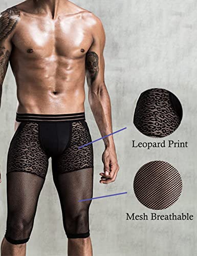 Men Sexy Butt-Flaunting Long Boxer Underwear Low Rise Black Leopard Bottomless Gay Underpants Backless Men Knee-Length Leggings with Breathable Mesh Lace2