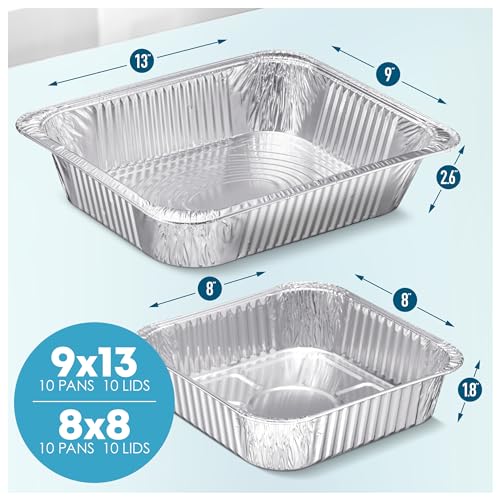 Image of Diplastible Disposable Aluminum Pans With Lids, 9x13 (10pc) And 8x8 Square (10pc) Combo Set, Disposable Baking and Cake Pan (Pack of 20)
