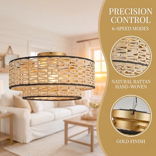Bewishing 20" Boho Ceiling Fan Light with Remote Control, Double Layer Hand Woven Toast-Colored Rattan with Black Trim Flush Mount Fan Light with Lights for Bedroom, Living Room, Kitchen by Bewishing - Used condition - Image 4