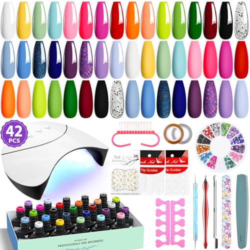 VANREESA 42 Pcs Kit de Esmalte de Uñas de Gel con Luz U V Esmalte de Uñas de Gel de 24 Colores Esmalte Base Brillante y Esmalte Superior Mate Completo