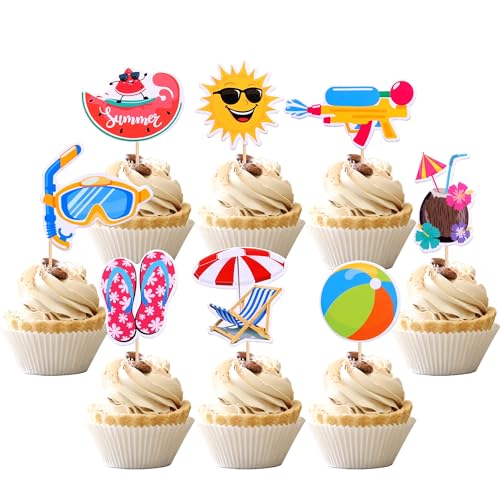 Sommer Cupcake Deko Tortendeko, 24 Stück Pool Strand Cake Topper Kuchen Deko Torten Topper, Muffins Deko Kuchendeko Geburtstag für Sommer-Surf Thema Partyzubehör