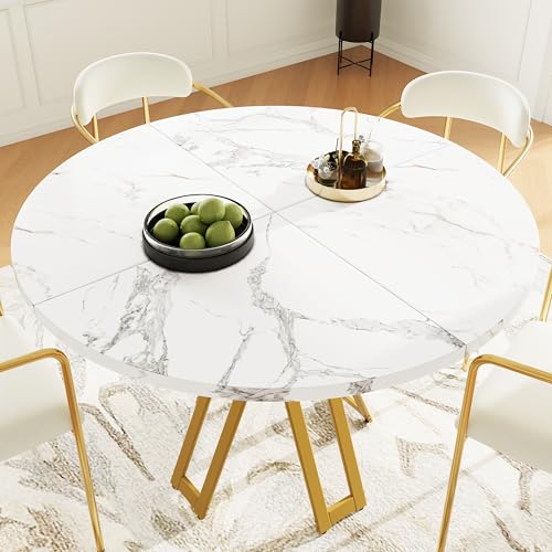 VIEKOS Mesa de comedor redonda de 100 x 100 x 76 cm, mesa redonda ligera y lujosa para 4-6 personas, adecuada para comedor y sala de estar, patas doradas, tablero de fibra de densidad media de mármol