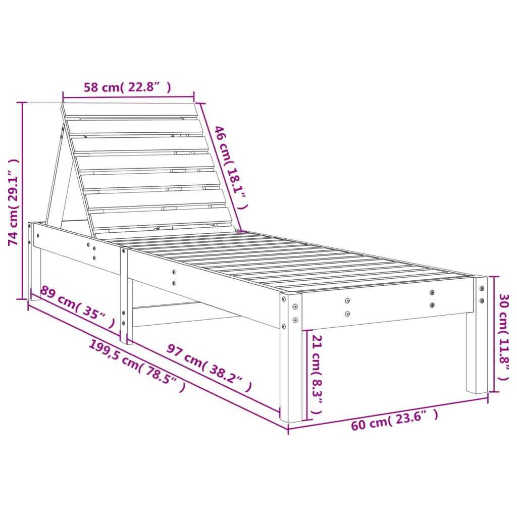Lettino prendisole in legno di pino massiccio, 199,5 x 60 x 74 cm, schienale regolabile, da giardino, terrazza, balcone, piscina, per prendere il sole e rilassarsi