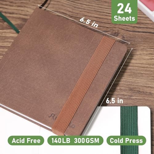 Watercolor Journal 6.5"x6.5"- 100% Cotton, 24 Sheets 48 Pages,140LB/300GSM Cold Press, with Inner Pocket and Wide Elastic Band - Perfect for Watercolor, Gouache, Acrylic, Ink & Mixed Media