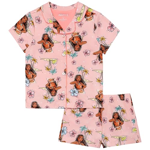 Disney Girls 2-Piece Loose-fit Button Down Matching Pajama Set Soft & Cute for Kids TROPICAL MOANA 2T