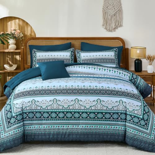 Image of Teal Blue Boho Comforter Set King Size,8 Pieces Striped Bed in a Bag