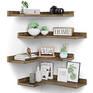 EOSTBE Floating Corner Shelves Set of 4, Rustic Pine Wooden Floating Corner Wall Shelf for Wall Décor Storage, L Shaped Corner Shelf Wall Mount For Bedroom, Living Room, Bathroom, Kitchen, Light Brown