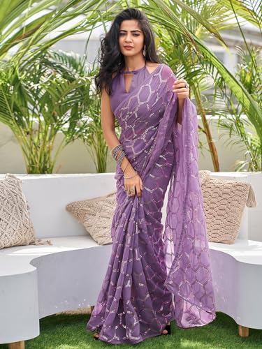 Image of Satrani Women's Georgette Sequence Work Saree with Unstitched Blouse Piece
