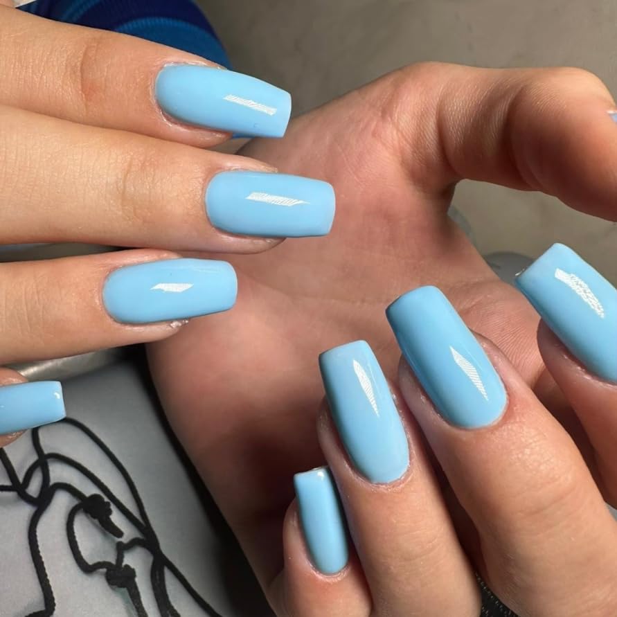 KQueenest Light Blue Press on Nails Long Square, Baby Blue False Nails Long Medium Coffin - Image 2