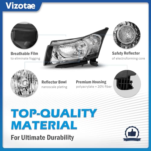 Headlights Assembly W/Bulbs for 2011-2015 Chevy Cruze Diesel/2015 Cruze L/2016 Limited Halogen Headlamp Replacement Driver & Passenger Side - Image 6