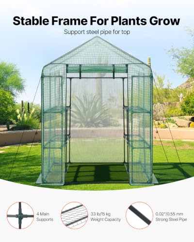 Image of VEVOR Walk-in Greenhouse, 55.5 inch x 56.1 inch x 78.7 inch Greenhouse for Outdoors with PE Cover, 2 Tiers 8 Shelves, Roll-Up Zipper Door, Walk in Green House, Portable Plant Garden Hot House for Backyard Outside