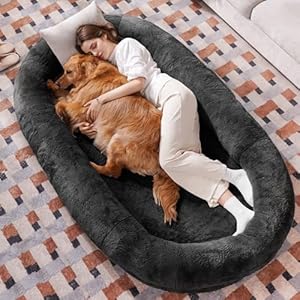 Human Dog Bed for Adult People 83″×48″×10″ Giant Dog Bed for Adult Pet with Blanket and Storage Pocket, Washable Fur Cover, Dark Grey