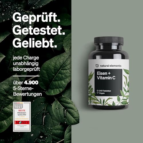 natural elements Eisen mit 40mg natürlichem Vitamin C – 240 vegane Eisentabletten – mit natürlichem Vitamin C aus Acerola – Chelat-Komplex (Eisenbisglycinat) – hochdosiert, ohne unnötige Zusätze